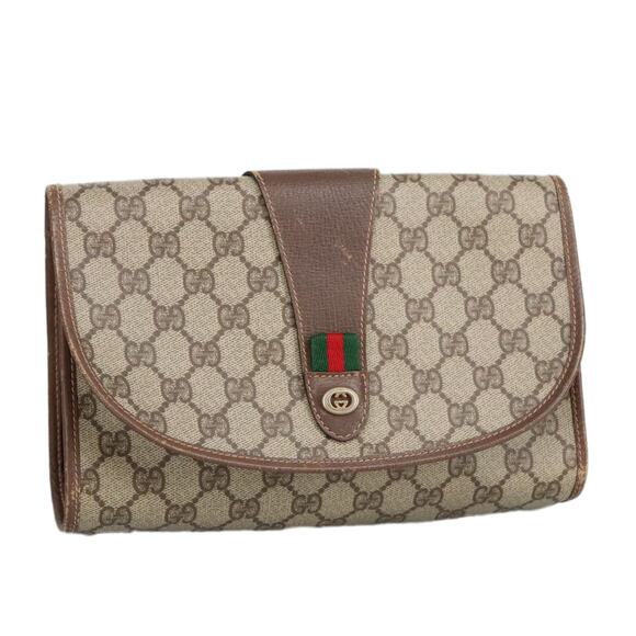 GUCCI GG Supreme Web Sherry Line Clutch Bag Pvc Beige Red 156 01 030 - Picture 1 of 16